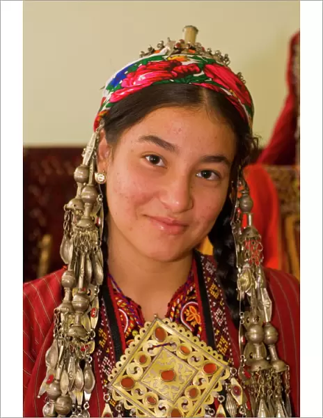 Turkmen girl in traditional clothes, Turkmenistan, Central Asia, Asia