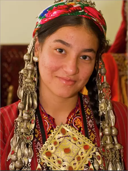 Turkmen girl in traditional clothes, Turkmenistan, Central Asia, Asia
