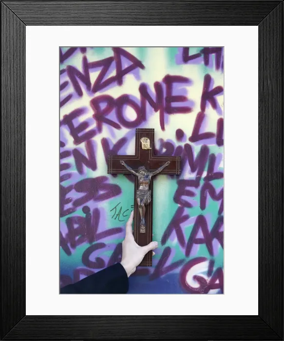 Framed Print : Cross and graffiti, Chambery, Savoie, France, Europe Framed Print : Cross and graffiti, Chambery, Savoie, France, Europe