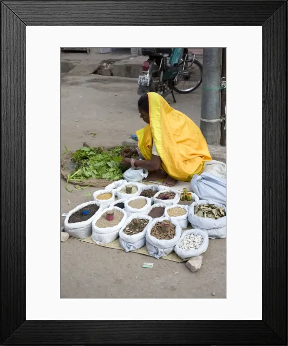 Framed Print : Street spice seller in yellow sari, Jaipur, Rajasthan, India, Asia