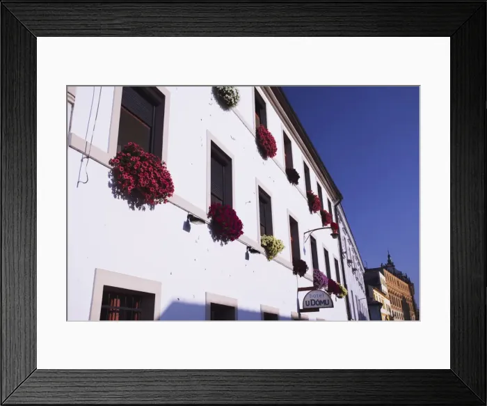 Framed Print : Colourful flowers on facade of hotel, Olomouc, Moravia, Czech Republic, Europe