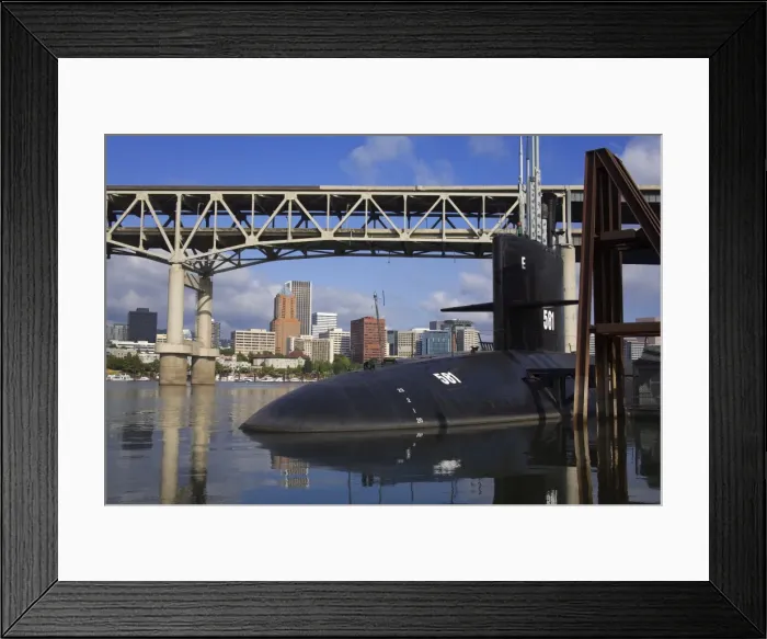 Framed Print : Marquam Bridge over the Willamette River and the US Submarine Blueback at the OMSI Museum