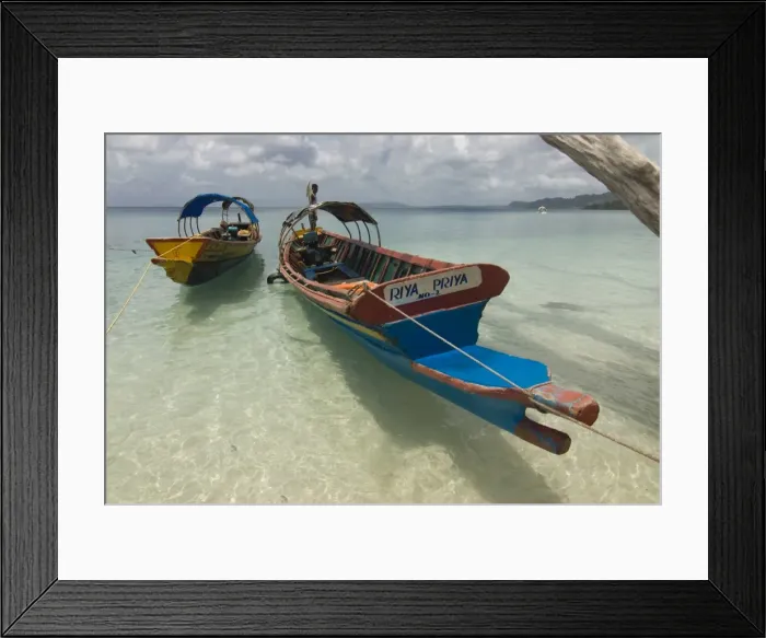 Framed Print : Boats on coast in turquoise water, Havelock Island, Andaman Islands, India Framed Print : Boats on coast in turquoise water, Havelock Island, Andaman Islands, India