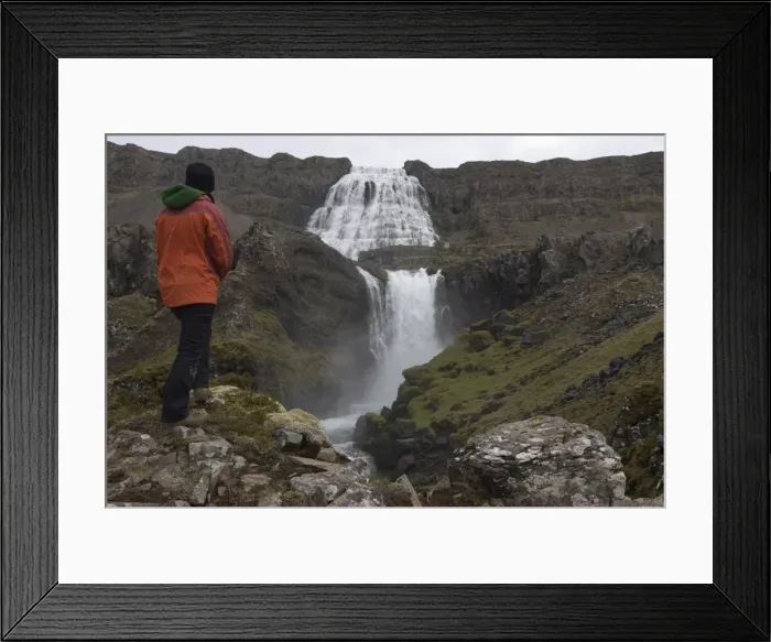 Framed Print : Woman admiring Dynjandi waterfalls, Westfjords, Iceland, Polar Regions Framed Print : Woman admiring Dynjandi waterfalls, Westfjords, Iceland, Polar Regions