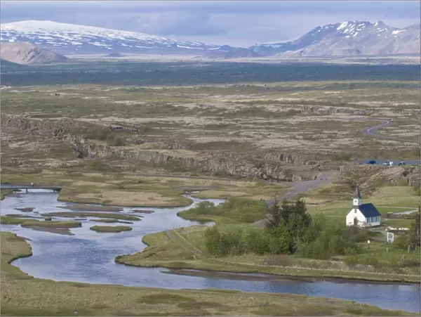 Church in lake landscape, Pingvellir, Iceland, Polar Regions