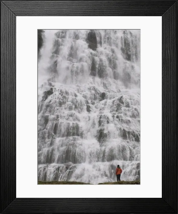 Framed Print : Woman admiring Dynjandi waterfalls, Westfjords, Iceland, Polar Regions Framed Print : Woman admiring Dynjandi waterfalls, Westfjords, Iceland, Polar Regions