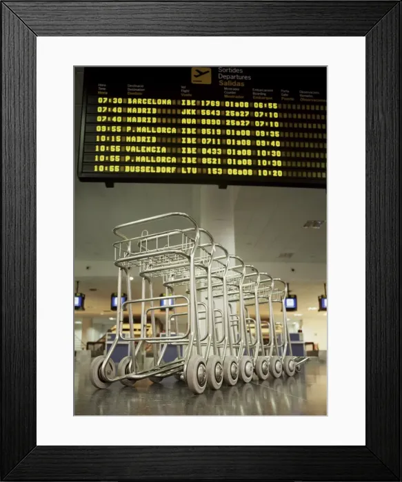 Framed Print : Baggage trolleys in departures area, Ibiza Airport, Spain, Europe Framed Print : Baggage trolleys in departures area, Ibiza Airport, Spain, Europe
