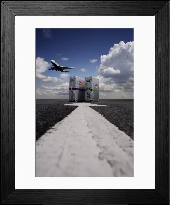 Framed Print : Suitcases with aircraft taking off Framed Print : Suitcases with aircraft taking off
