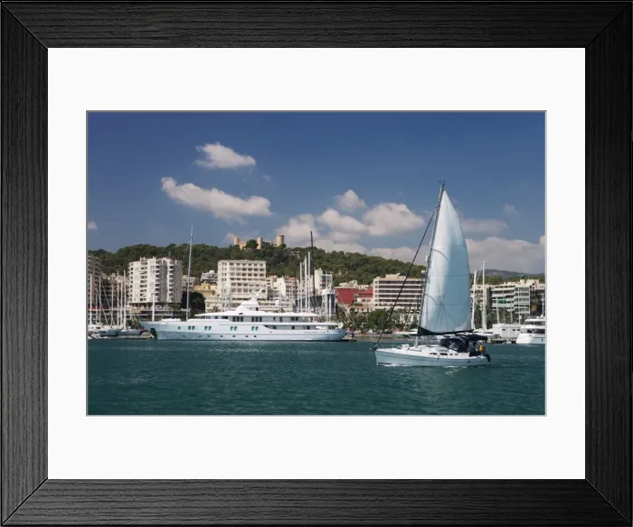 Framed Print : Yacht in Palma marina looking back to Castle de Bellver, Mallorca, Balearic Islands Framed Print : Yacht in Palma marina looking back to Castle de Bellver, Mallorca, Balearic Islands