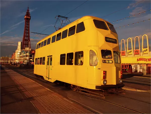 Double decker tram and Blackpool tower, Blackpool Lancashire, England, United Kingdom