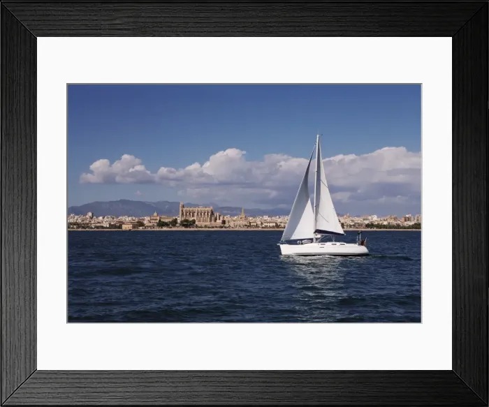 Framed Print : Yacht in the Bay of Palma looking back to La Seu Cathedral, Mallorca, Balearic Islands Framed Print : Yacht in the Bay of Palma looking back to La Seu Cathedral, Mallorca, Balearic Islands