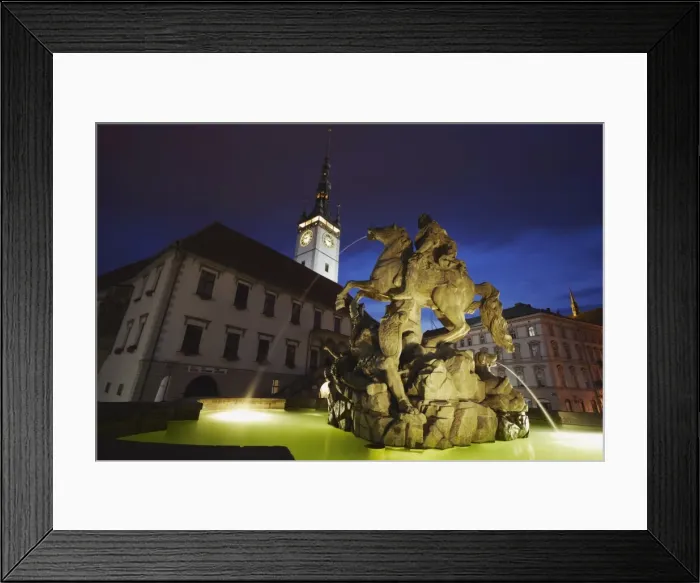 Framed Print : Caesars Fountain and Town Hall in Upper Square (Horni Namesti) at dusk