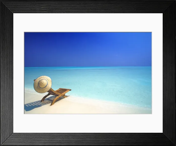 Framed Print : Wooden deckchair and hat on tropical beach, Maldives, Indian Ocean, Asia Framed Print : Wooden deckchair and hat on tropical beach, Maldives, Indian Ocean, Asia