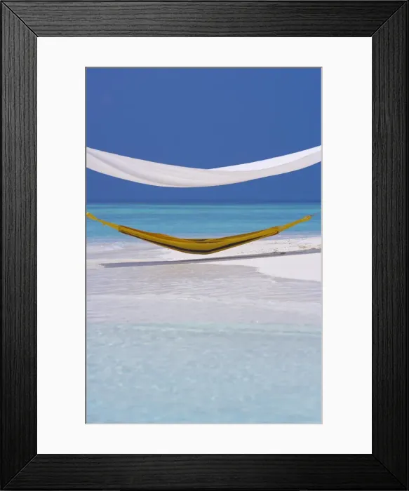 Framed Print : Hammock under shelter on tropical beach, Maldives, Indian Ocean, Asia Framed Print : Hammock under shelter on tropical beach, Maldives, Indian Ocean, Asia