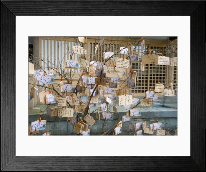 Framed Print : Wooden tablets called ema with messages to god hanging on a tree at a Japanese Shinto shrine Framed Print : Wooden tablets called ema with messages to god hanging on a tree at a Japanese Shinto shrine