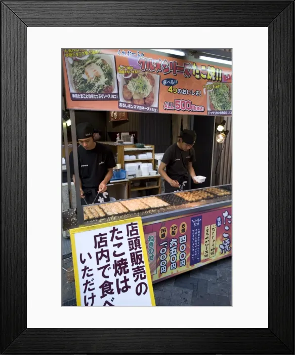 Framed Print : Takoyaki (octopus balls) stand in Dotonbori entertainment district of Namba Framed Print : Takoyaki (octopus balls) stand in Dotonbori entertainment district of Namba