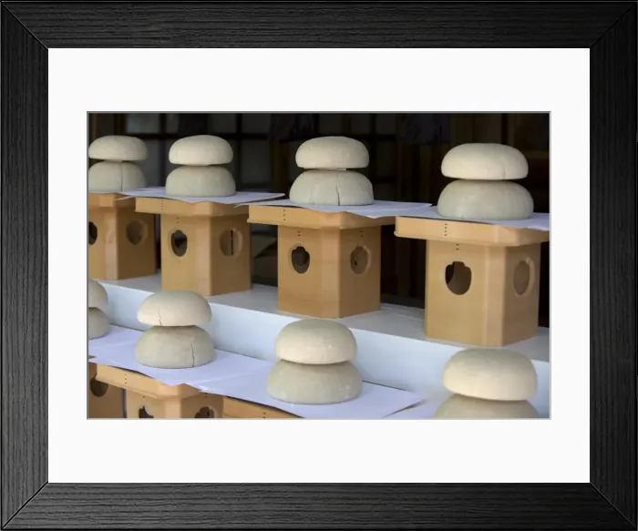 Framed Print : Offerings of kagami-mochi (mirror rice cakes) at the Meiji Jingu shrine in Tokyo Framed Print : Offerings of kagami-mochi (mirror rice cakes) at the Meiji Jingu shrine in Tokyo
