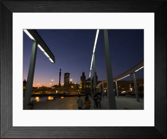 Framed Print : Port Vell at dusk with Columbus monument in the background, Barcelona, Catalonia Framed Print : Port Vell at dusk with Columbus monument in the background, Barcelona, Catalonia