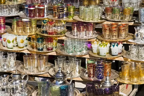 Glasses for sale in the souk, Medina, Marrakech (Marrakesh), Morocco, North Africa