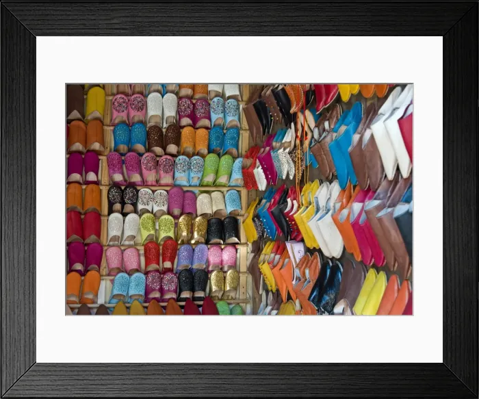 Framed Print : Traditional footware (babouches) for sale in the souk, Medina, Marrakech (Marrakesh) Framed Print : Traditional footware (babouches) for sale in the souk, Medina, Marrakech (Marrakesh)