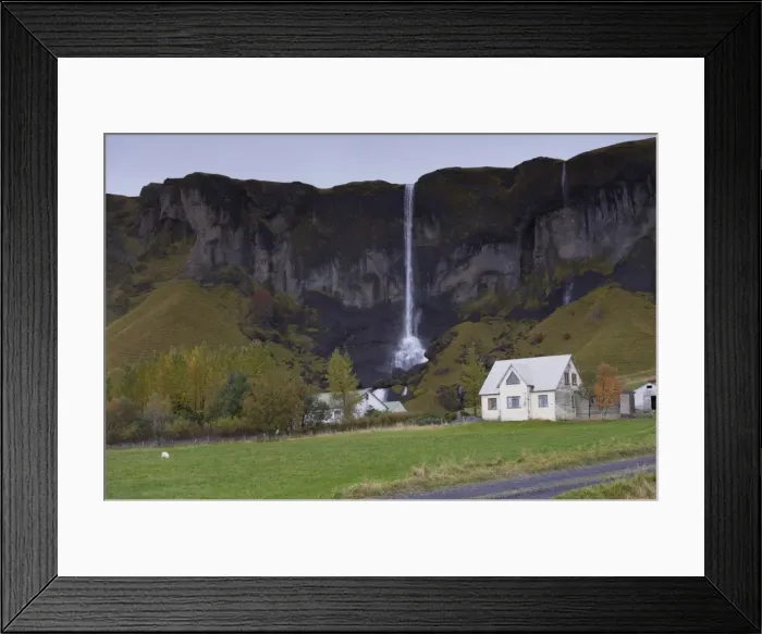 Framed Print : Farm and waterfall (Foss a Sidu), at Dverghamrar, east of Kirkjubaejarklaustur Framed Print : Farm and waterfall (Foss a Sidu), at Dverghamrar, east of Kirkjubaejarklaustur