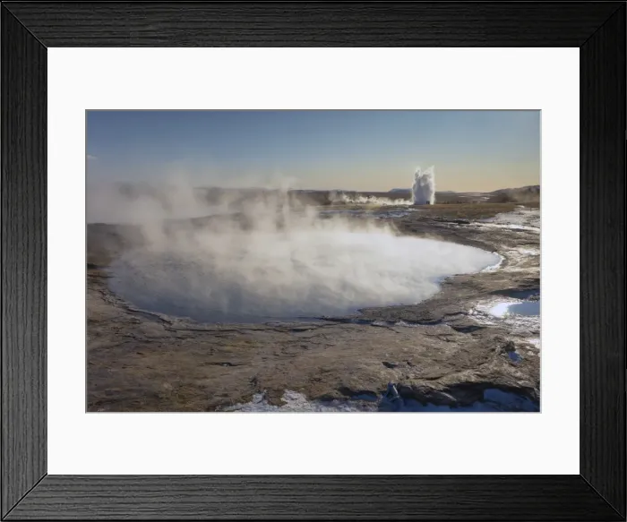 Framed Print : The great geyser Geysir, now dormant (2008), with the more active Strokkur geyser erupting in the distance, Geysir, Haukadalur valley, Golden Circle, Iceland Framed Print : The great geyser Geysir, now dormant (2008), with the more active Strokkur geyser erupting in the distance, Geysir, Haukadalur valley, Golden Circle, Iceland