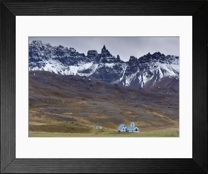 Framed Print : Farm and spectacular rocky spires, 1188 m, at Hals, in Oxnadalur valley Framed Print : Farm and spectacular rocky spires, 1188 m, at Hals, in Oxnadalur valley