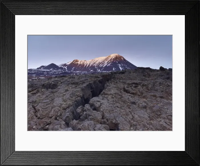 Framed Print : Deep crack in lava field near Lake Myvatn, Mount Hlidarfjall, 771m, in the distance Framed Print : Deep crack in lava field near Lake Myvatn, Mount Hlidarfjall, 771m, in the distance