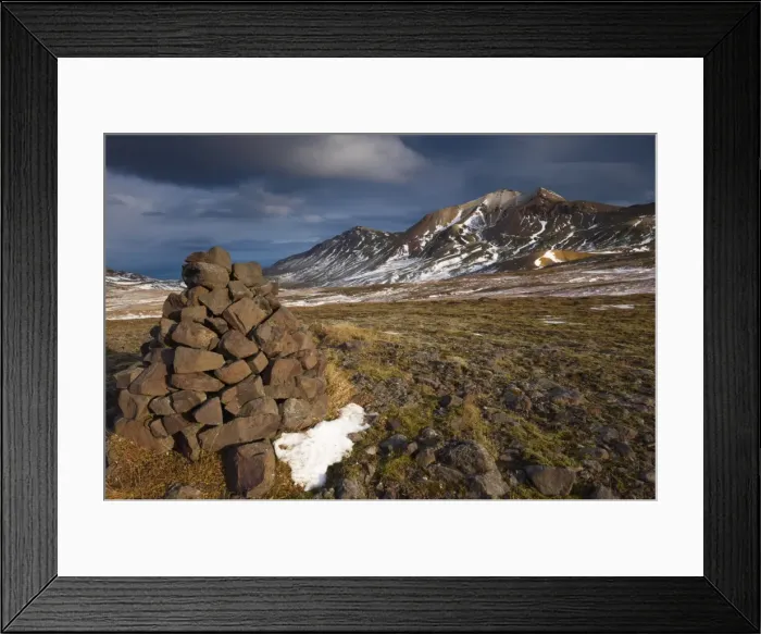 Framed Print : Cairn and mountains in Brunavik valley, a favourite for hikers, Borgarfjorur Eystri fjord Framed Print : Cairn and mountains in Brunavik valley, a favourite for hikers, Borgarfjorur Eystri fjord