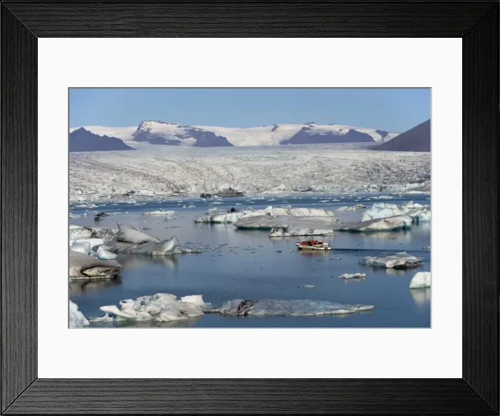 Framed Print : Tourist boat in Jokulsarlon glacial lagoon on a sunny morning, East Iceland Framed Print : Tourist boat in Jokulsarlon glacial lagoon on a sunny morning, East Iceland
