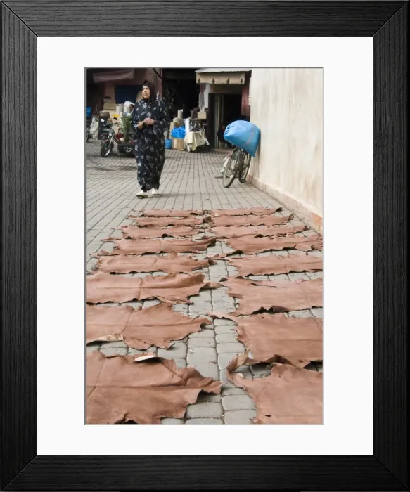 Framed Print : Dyed leather hides drying in street in the souk, Medina, Marrakech (Marrakesh) Framed Print : Dyed leather hides drying in street in the souk, Medina, Marrakech (Marrakesh)