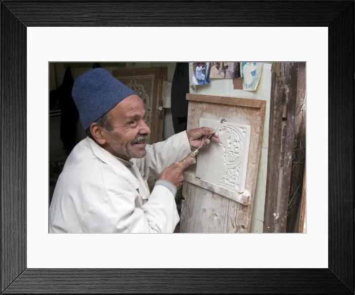 Framed Print : Craftsman at work on stucco carving, the Souk, Marrakech (Marrakesh), Morocco Framed Print : Craftsman at work on stucco carving, the Souk, Marrakech (Marrakesh), Morocco