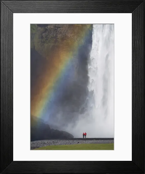 Framed Print : Tourists in red jacket at 62 m high Skogafoss waterfall, Skogar, South area Framed Print : Tourists in red jacket at 62 m high Skogafoss waterfall, Skogar, South area