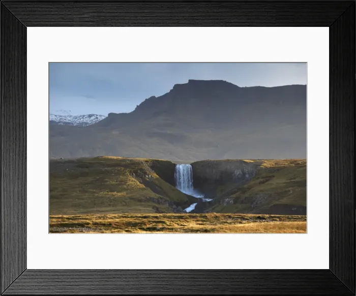 Framed Print : Waterfall in Snaefellsjokull National Park, Snaefellsjokull behind, covered in clouds Framed Print : Waterfall in Snaefellsjokull National Park, Snaefellsjokull behind, covered in clouds