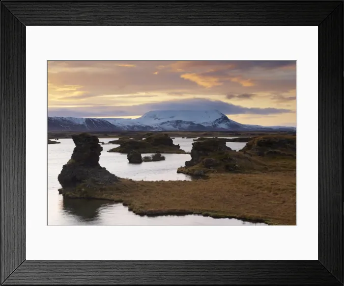 Framed Print : Rock formations (lava) at sunset, at Kalfastrond, east shore of Lake Myvatn Framed Print : Rock formations (lava) at sunset, at Kalfastrond, east shore of Lake Myvatn