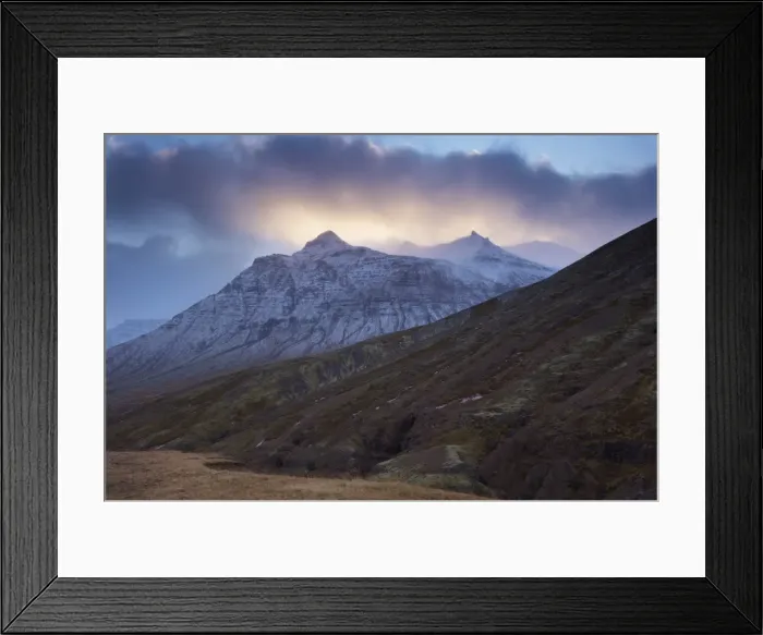 Framed Print : Sunset on snowy mountains, Skumhottur, 1229m, in Reydarfjordur fjord, East Fjords Framed Print : Sunset on snowy mountains, Skumhottur, 1229m, in Reydarfjordur fjord, East Fjords