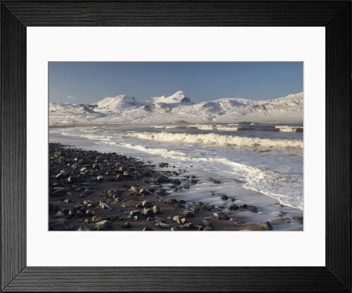 Framed Print : Beach at Brot near Bakkagerdi in Borgarfjordur Eystri fjord, Mount Dyrfjoll Framed Print : Beach at Brot near Bakkagerdi in Borgarfjordur Eystri fjord, Mount Dyrfjoll