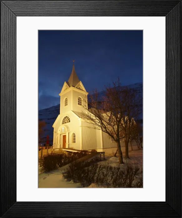 Framed Print : Traditional wooden church at night, built in 1922, at Seydisfjordur, a town founded in 1895 by a Norwegian fishing company, now main ferry port to and from Europe in the East Fjords, Iceland Framed Print : Traditional wooden church at night, built in 1922, at Seydisfjordur, a town founded in 1895 by a Norwegian fishing company, now main ferry port to and from Europe in the East Fjords, Iceland
