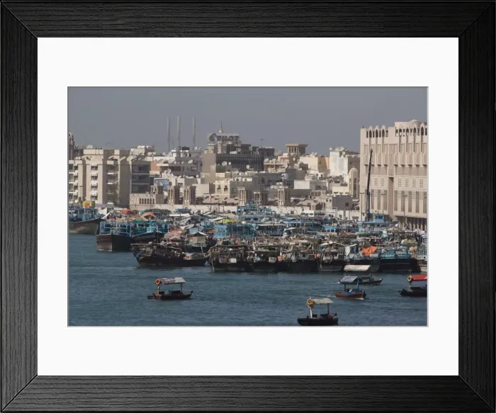 Framed Print : View of Dubai Creek, Deira, traditional dhow wharfage, Dubai, United Arab Emirates Framed Print : View of Dubai Creek, Deira, traditional dhow wharfage, Dubai, United Arab Emirates