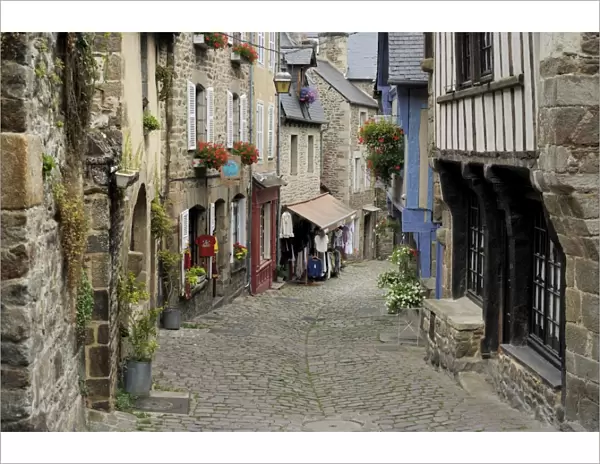 Ancient cobbled street and houses, Rue du Petit Fort, Dinan, Cotes-d Armor