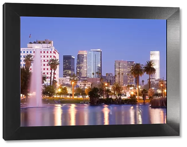 MacArthur Park Lake and city skyline, Los Angeles, California, United States of America