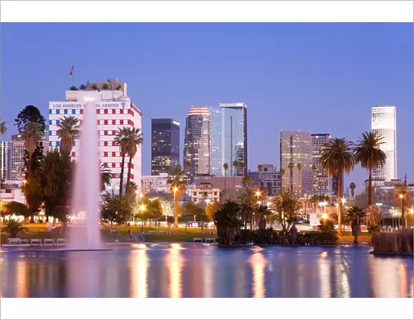 MacArthur Park Lake and city skyline, Los Angeles, California, United States of America