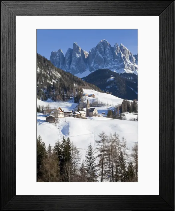 Framed Print : Winter landscape of St. Magdalena village and church, Geisler Spitzen, 3060m Framed Print : Winter landscape of St. Magdalena village and church, Geisler Spitzen, 3060m