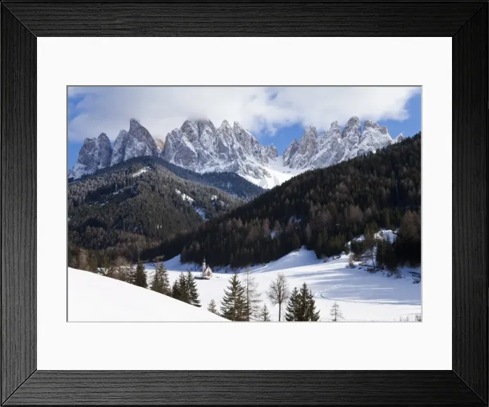 Framed Print : Winter landscape of S. Johann Church in Ranui in Villnoss, Le Odle Group with Geisler Spitzen Framed Print : Winter landscape of S. Johann Church in Ranui in Villnoss, Le Odle Group with Geisler Spitzen