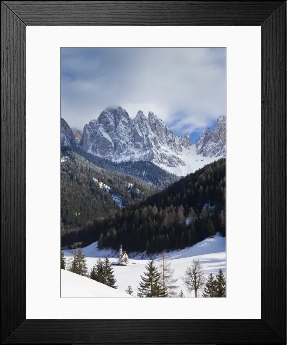 Framed Print : Winter landscape of St. Johann Church in Ranui in Villnoss, Le Odle Group with Geisler Spitzen Framed Print : Winter landscape of St. Johann Church in Ranui in Villnoss, Le Odle Group with Geisler Spitzen