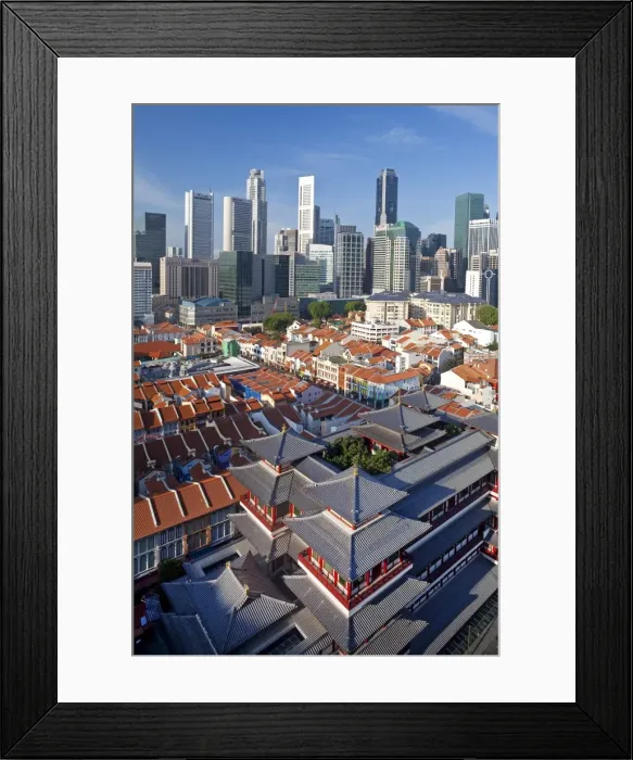 Framed Print : Elevated view over Chinatown, the new Buddha Tooth Relic temple and modern city skyline Framed Print : Elevated view over Chinatown, the new Buddha Tooth Relic temple and modern city skyline