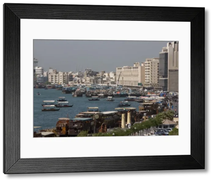 Framed Print : View of Dubai Creek, Deira, traditional dhow wharfage, Dubai, United Arab Emirates Framed Print : View of Dubai Creek, Deira, traditional dhow wharfage, Dubai, United Arab Emirates