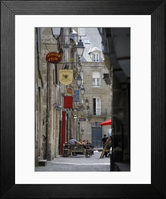 Framed Print : Street of lantern lights and traditional signs, Dinan, Cotes d Armor Framed Print : Street of lantern lights and traditional signs, Dinan, Cotes d Armor