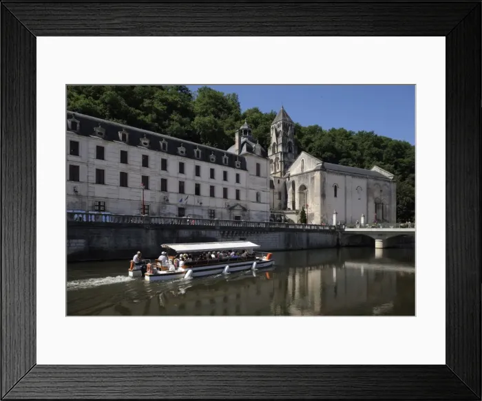 Framed Print : Boat passing in front of the Abbey, Brantome. Dordogne, France. Europe Framed Print : Boat passing in front of the Abbey, Brantome. Dordogne, France. Europe