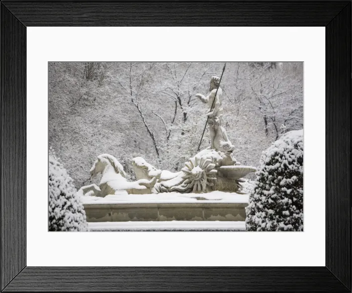 Framed Print : Triton statue in snow, Paseo del Prado, Madrid, Spain, Europe Framed Print : Triton statue in snow, Paseo del Prado, Madrid, Spain, Europe